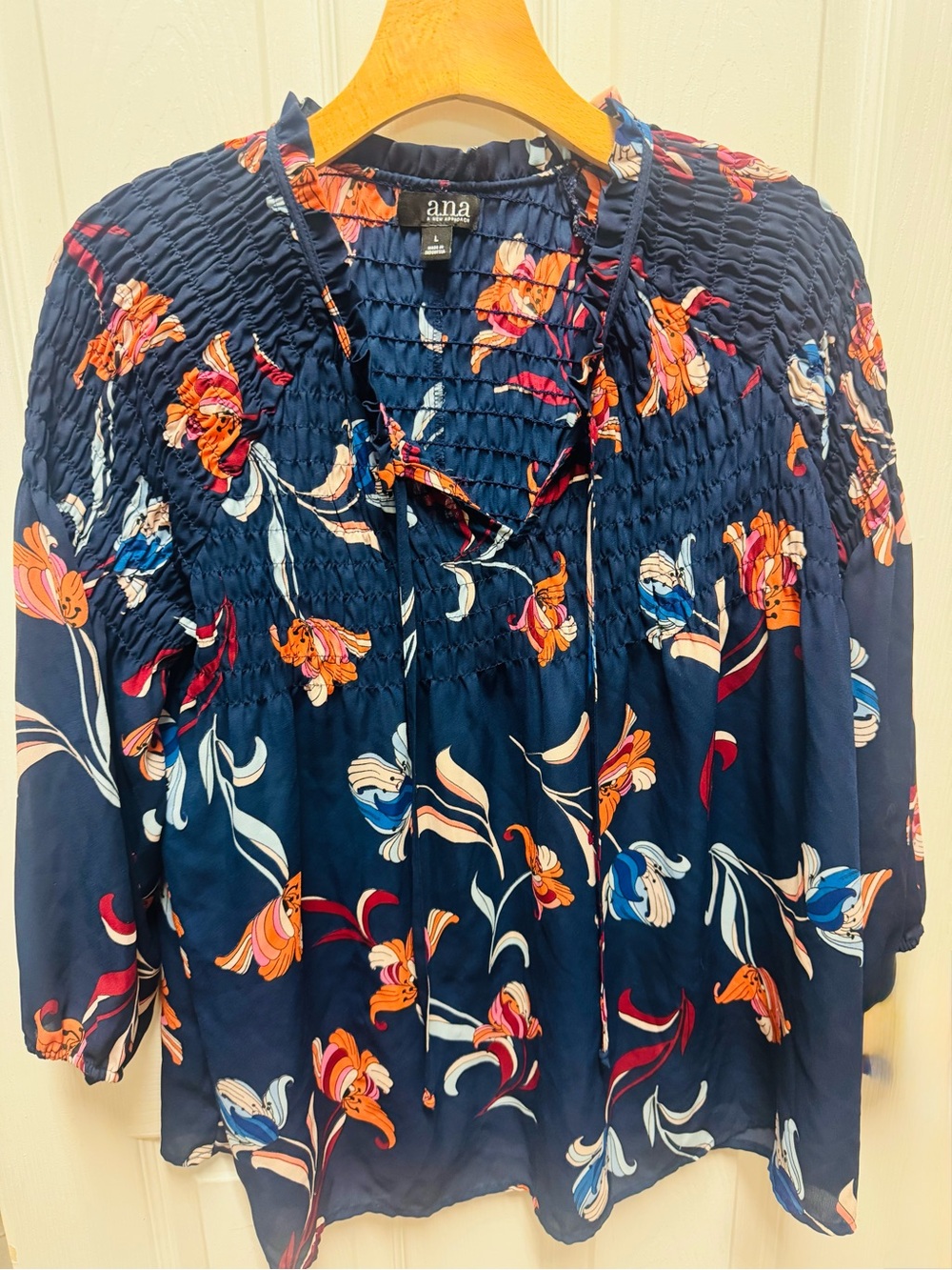 ANA Navy Floral Smocked Long-Sleeve Women's Top